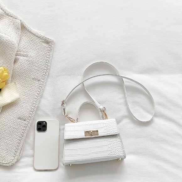 White Elegant Women's Mini Crocodile Embossed Flap Square Handbag - Picture 7 of 8